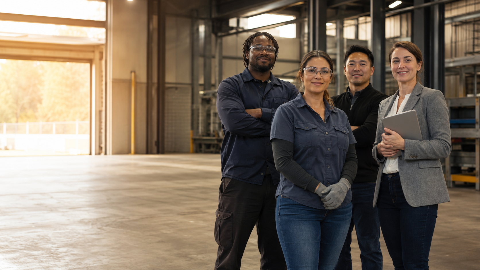 A diverse team of industrial and professional employees in a modern manufacturing facility